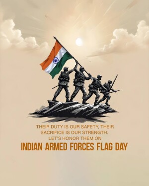 Silhouette of Indian soldiers raising the national flag on a rocky outcrop with text honoring the Indian Armed Forces.