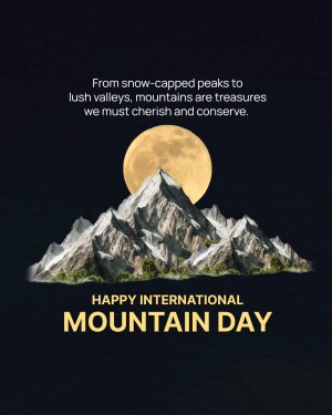 Image depicting snow-capped mountains under a full moon with text celebrating International Mountain Day.