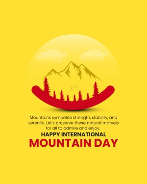 Illustration of mountains and trees within a red oval shape on a yellow background with text celebrating Mountain Day.
