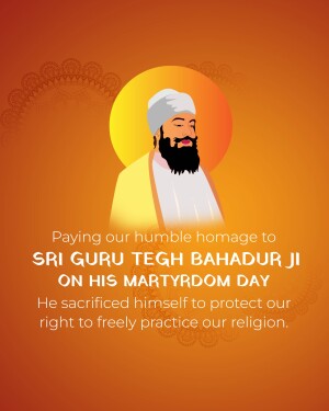 Portrait of Sri Guru Teg Bahadur Ji with text commemorating his martyrdom day.