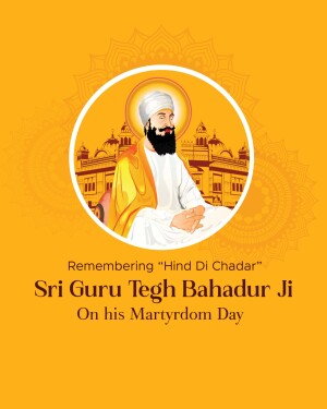 Portrait of Sri Guru Tegh Bahadur Ji with text commemorating his Martyrdom Day