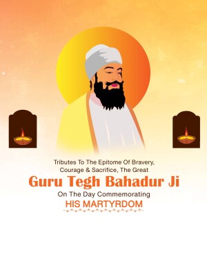 Portrait of Guru Tegh Bahadur with Diya lamps and text commemorating his martyrdom.
