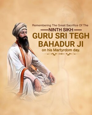 Portrait of Guru Tegh Bahadur with text commemorating his martyrdom.