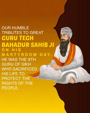 Portrait of Guru Tegh Bahadur Ji with text commemorating his martyrdom.