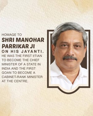 Portrait of Manohar Parrikar with text commemorating his Jayanti