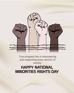 Illustration of raised fists of different skin tones breaking through barbed wire with text celebrating National Minorities Rights Day.
