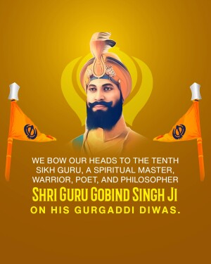 Portrait of Guru Gobind Singh Ji with Khanda flags and text commemorating Gurpurb