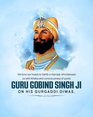 Portrait of Guru Gobind Singh Ji with text commemorating Gurugaddi Diwas