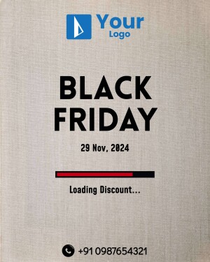 Black Friday sale poster with loading discount bar and contact information.
