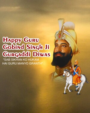 Portrait of Guru Gobind Singh Ji with a horse and text celebrating Gurugaddi Diwas