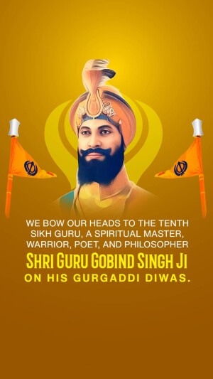 Portrait of Guru Gobind Singh Ji with Nishan Sahib flags and text commemorating Gurpurb