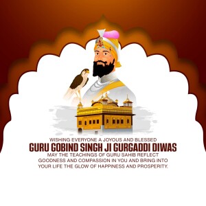 Illustration of Guru Gobind Singh Ji with the Golden Temple and a falcon, celebrating Gurpurb.