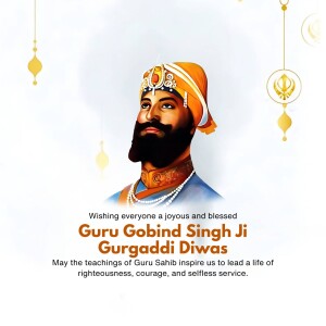 Portrait of Guru Gobind Singh Ji with festive decorations