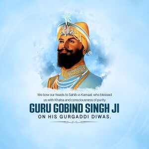 Portrait of Guru Gobind Singh Ji with text celebrating Gurugaddi Diwas