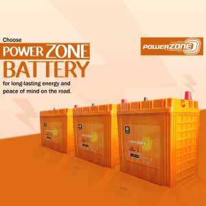Three Power Zone batteries with lightning bolts in the background.
