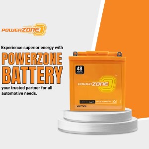 Powerzone battery on a pedestal with branding and text.