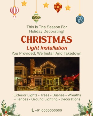 Christmas light installation service advertisement with a house decorated with lights.