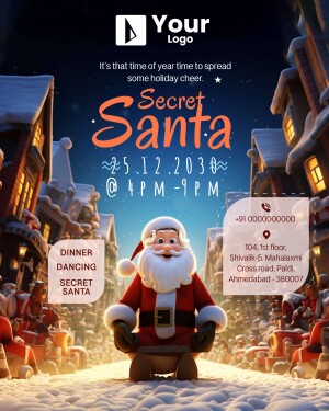 Secret Santa event poster with Santa Claus and winter village scene