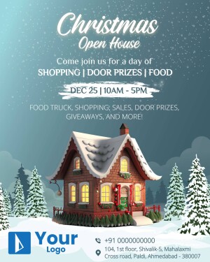 Christmas Open House event poster with a cozy house illustration and event details.