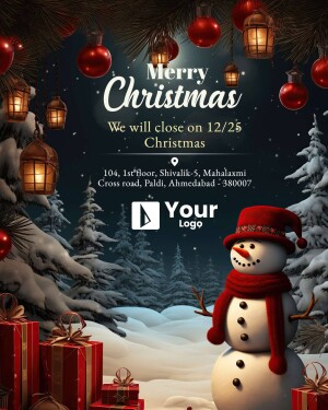 Christmas themed announcement with a snowman and festive decorations, informing about a business closure on December 25th.