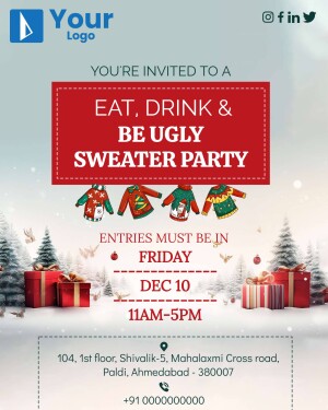 Invitation to an Ugly Sweater Party with festive decorations