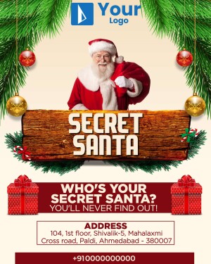 Image promoting a Secret Santa event with Santa Claus and festive decorations.