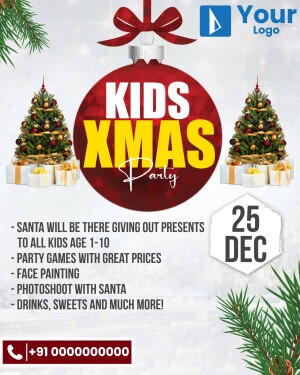 Christmas party invitation for kids with a red ornament and festive decorations