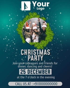 Christmas party invitation with a group of friends celebrating and event details.
