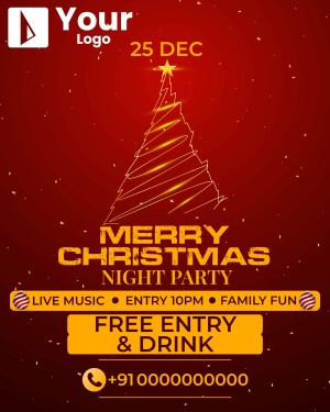 Christmas party flyer with a stylized tree and event details