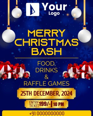 Christmas Bash event poster with festive decorations and event details.
