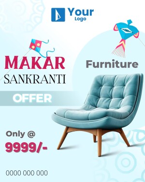 Makar Sankranti furniture sale advertisement with a blue armchair and kites.