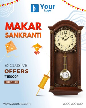 Makar Sankranti promotional poster with a clock and kites