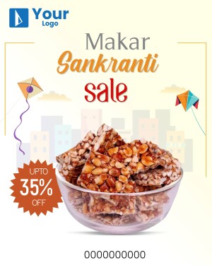 Makar Sankranti sale advertisement featuring tilgul (sesame brittle) and kites.