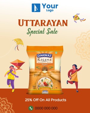 Uttarayan festival sale advertisement featuring Daawat Rozana Basmati Rice with kites and people celebrating.
