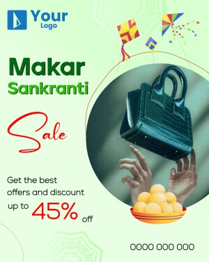 Makar Sankranti sale advertisement featuring a handbag and seasonal sweets.