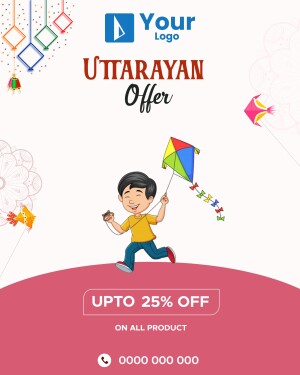Uttarayan Offer poster with a boy flying a kite and festive decorations.