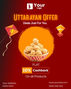 Uttarayan Offer poster with kites, sweets, and cashback details.