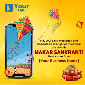 Makar Sankranti festive greeting with kites and smartphone display