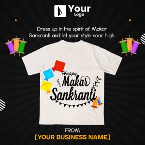 T-shirt with Makar Sankranti themed design featuring kites and festive decorations.