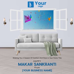 Living room scene with kites visible through open window, celebrating Makar Sankranti