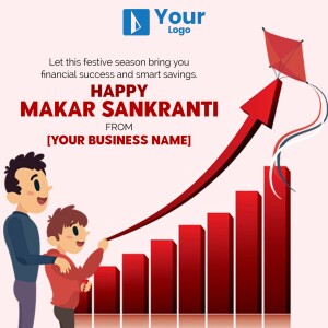 Makar Sankranti greeting with a kite and financial growth graph.