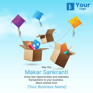 Kites flying out of open cardboard boxes with Makar Sankranti greetings.