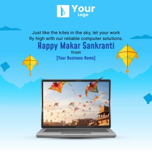 Makar Sankranti greeting with kites and a laptop