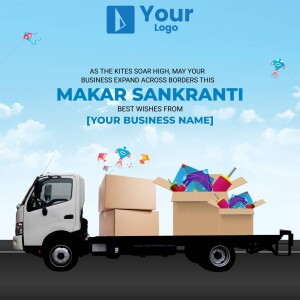 Makar Sankranti greeting with a delivery truck and kites