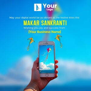 Makar Sankranti celebration with a smartphone displaying a kite in the sky.