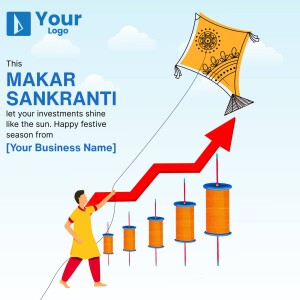 Makar Sankranti themed image depicting investment growth with a kite and upward arrow.