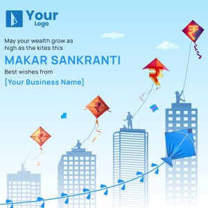 Makar Sankranti greeting with kites flying over a cityscape.