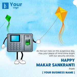 Makar Sankranti greeting with a security system character flying a kite