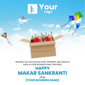 Image depicting kites flying and a box of colorful spools with a Makar Sankranti greeting.