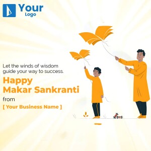 Illustration of a father and son flying kites for Makar Sankranti